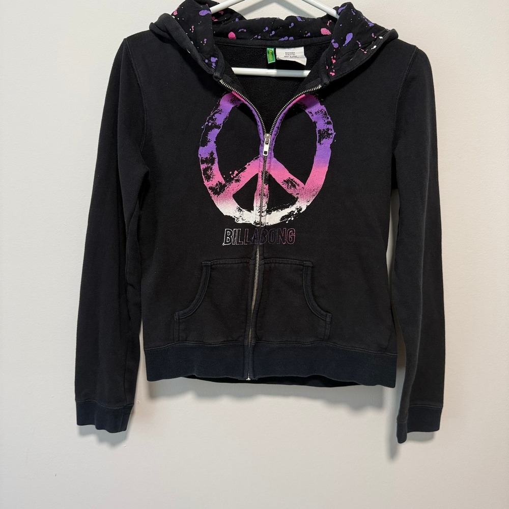 VTG Billabong Girls Peace Sign Full-Zip Hoodie Paint Splatter Youth M/Cropped XS